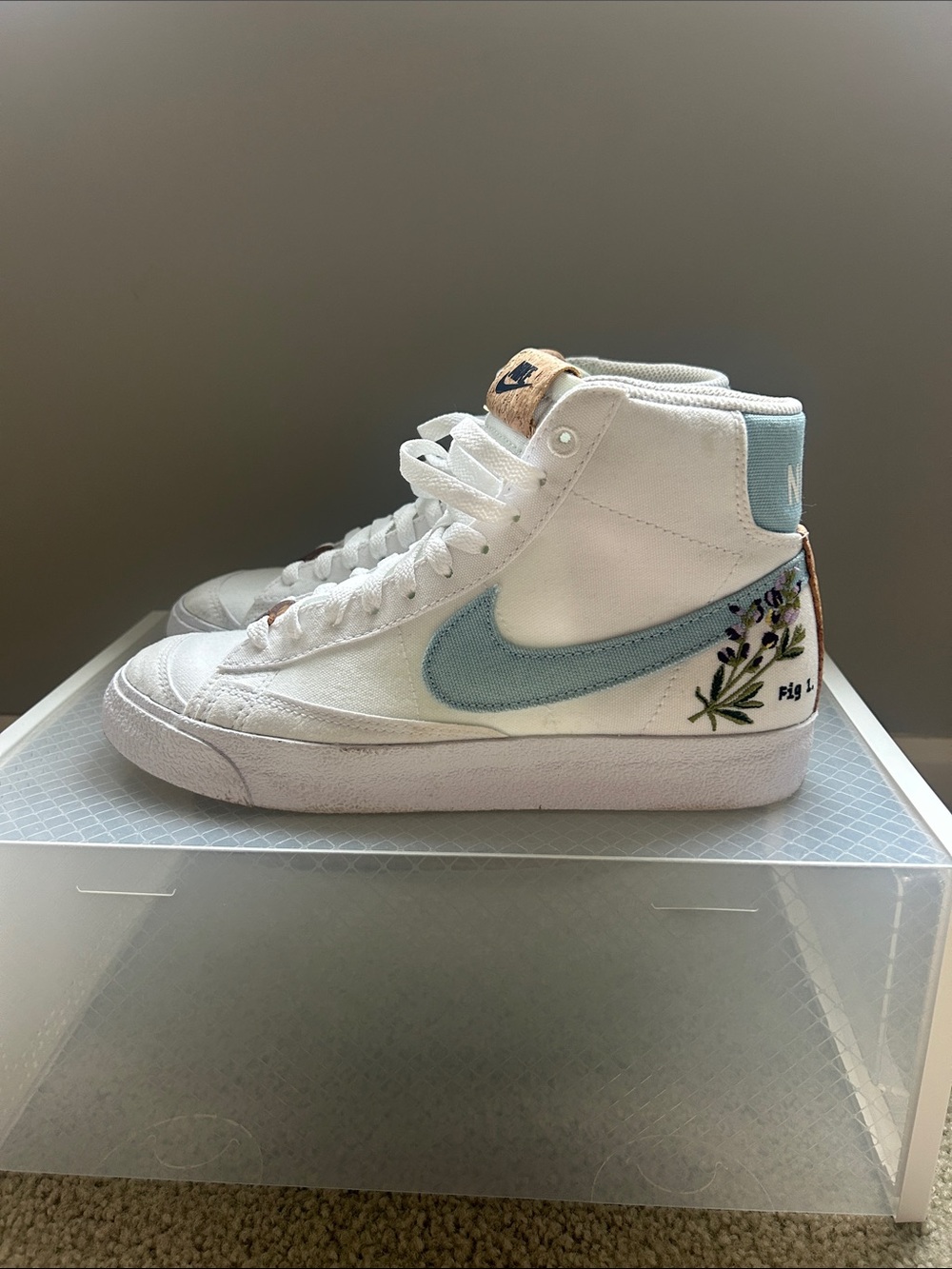 Nike Women’s Blazer Mid ’77 White with Light Blue Swoosh and Floral Detail